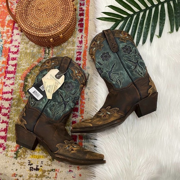 Dan Post Shoes - NEW Dan Post Brown Blue Leather Bird Wingtip Western Boots 9.5 Cowgirl Nashville